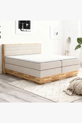Tölgyfa boxspring ágy tárolóval, bézs, 180x200 cm, 7 zónás matraccal